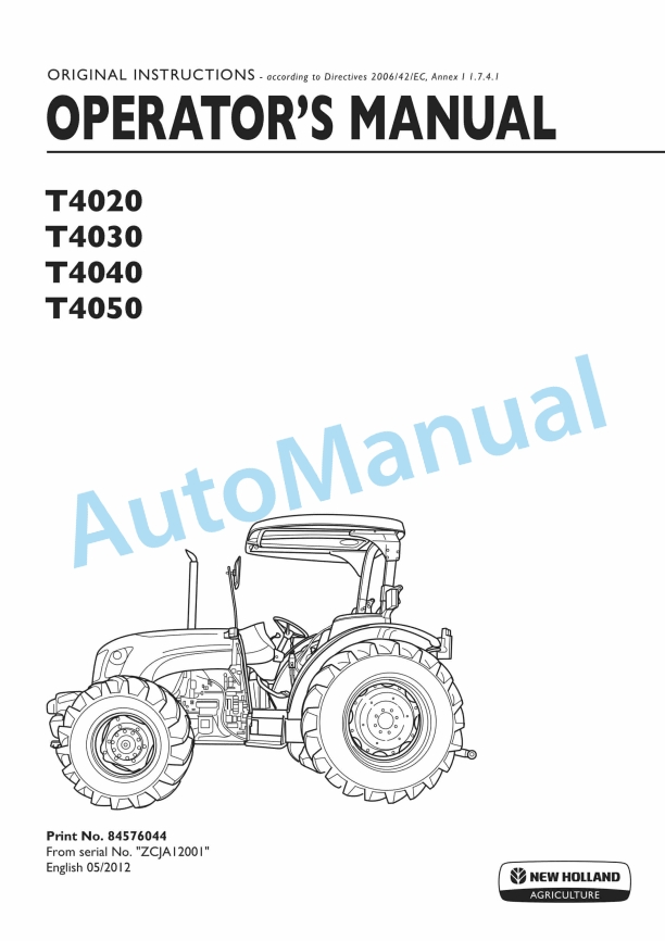 New Holland T4020, T4030, T4040, T4050 Tractor Operation and Maintenance Manual 84576044