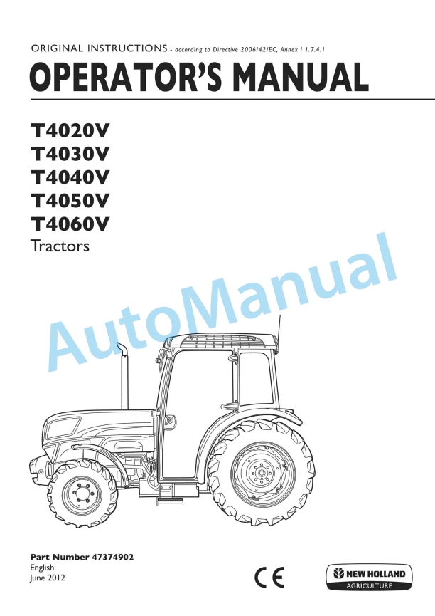 New Holland T4020V, T4030V, T4040V, T4050V, T4060V Tractor Operation and Maintenance Manual 47374902