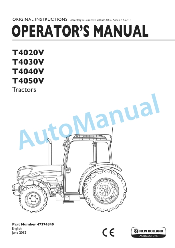 New Holland T4020V, T4030V, T4040V, T4050V Tractor Operation and Maintenance Manual 47374840