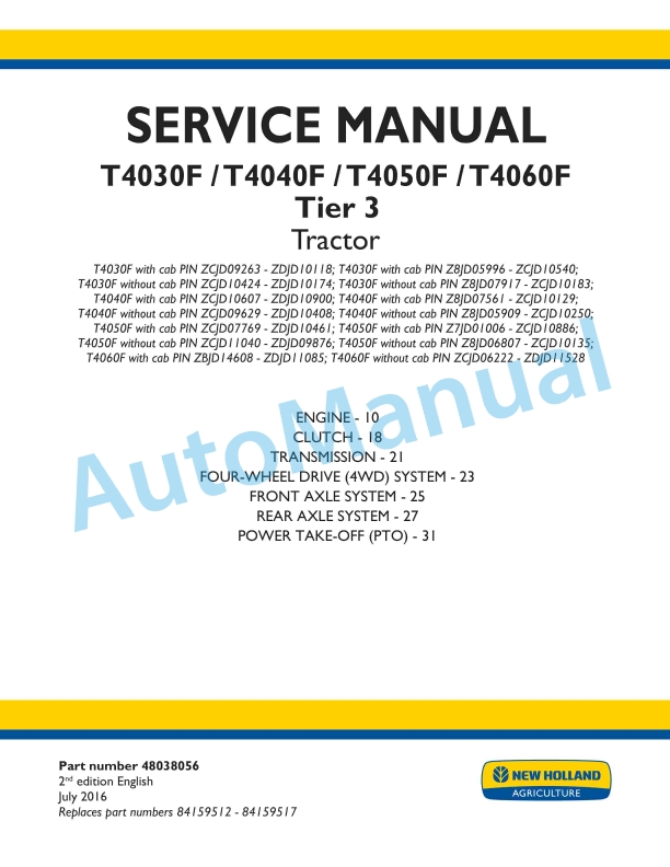 New Holland T4030F, T4040F, T4050F, T4060F Tier 3 Tractor Service Manual 48038056