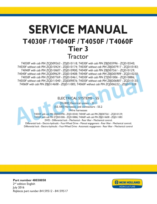 New Holland T4030F, T4040F, T4050F, T4060F Tier 3 Tractor Service Manual 48038058