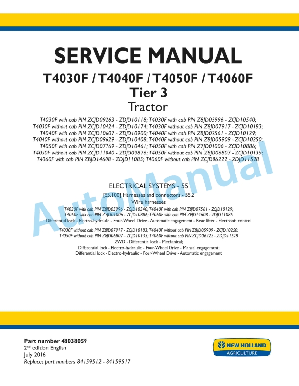 New Holland T4030F, T4040F, T4050F, T4060F Tier 3 Tractor Service Manual 48038059