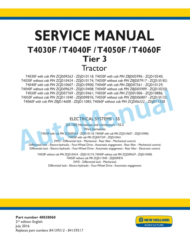 New Holland T4030F, T4040F, T4050F, T4060F Tier 3 Tractor Service Manual 48038060