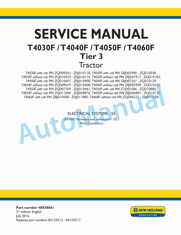 New Holland T4030F, T4040F, T4050F, T4060F Tier 3 Tractor Service Manual 48038061