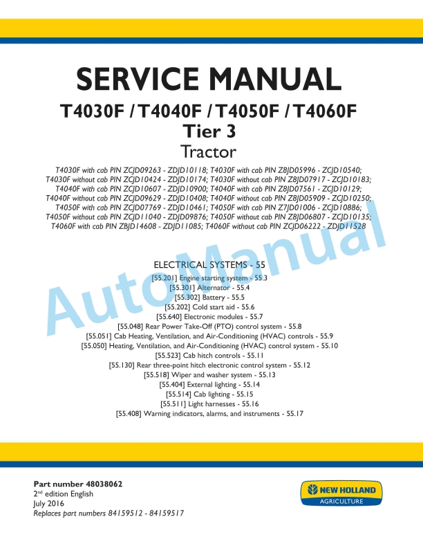 New Holland T4030F, T4040F, T4050F, T4060F Tier 3 Tractor Service Manual 48038062