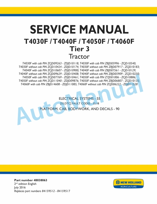 New Holland T4030F, T4040F, T4050F, T4060F Tier 3 Tractor Service Manual 48038063