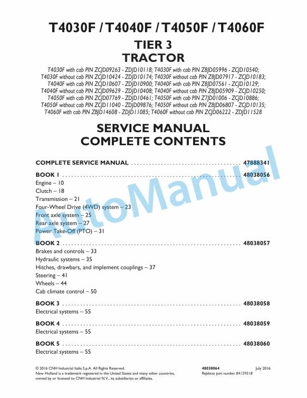New Holland T4030F, T4040F, T4050F, T4060F Tier 3 Tractor Service Manual 48038064