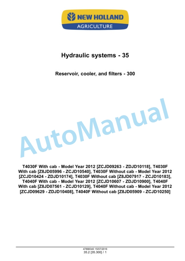 Alternative view of New Holland T4030F, T4040F Tractor Service Manual 47888340