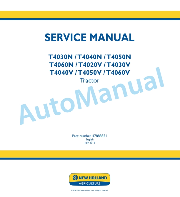 New Holland T4030N, T4040N, T4050N, T4060N, T4020V, T4030V, T4040V, T4050V, T4060V Tractor Service Manual 47888351