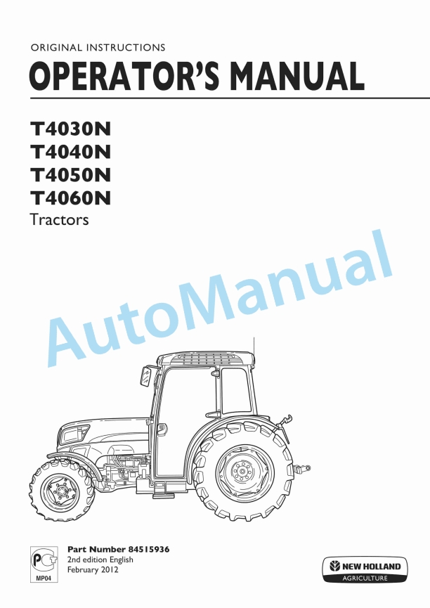 New Holland T4030N, T4040N, T4050N, T4060N Tractor Operation and Maintenance Manual 84515936