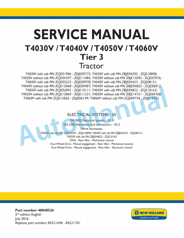 New Holland T4030V, T4040V, T4050V, T4060V Tier 3 Tractor Service Manual 48048526