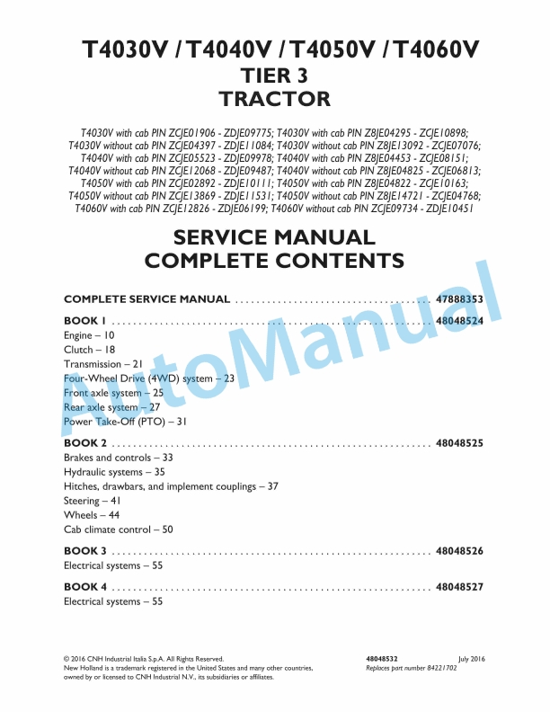 New Holland T4030V, T4040V, T4050V, T4060V Tier 3 Tractor Service Manual 48048532