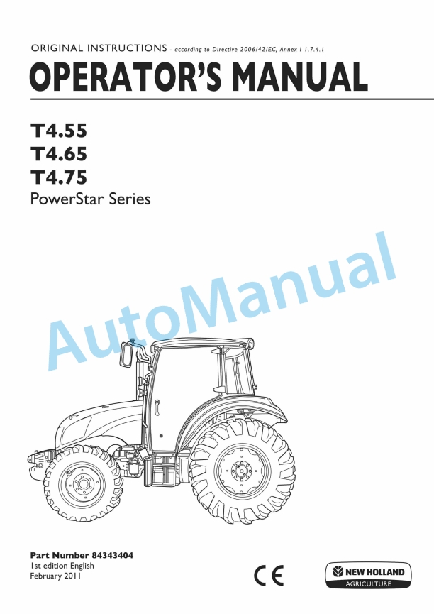 New Holland T4.55, T4.65, T4.75 PowerStar Series Tractor Operation and Maintenance Manual 84343404