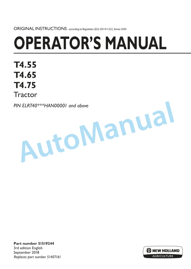 New Holland T4.55, T4.65, T4.75 Tractor Operation and Maintenance Manual 51519244