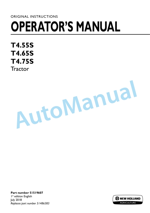 New Holland T4.55S, T4.65S, T4.75S Tractor Operation and Maintenance Manual 51519607