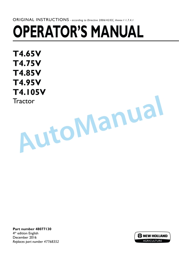 New Holland T4.65V, T4.75V, T4.85V, T4.95V, T4.105V Tractor Operation and Maintenance Manual 48077130