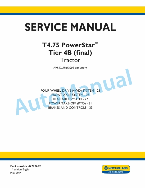 New Holland T4.75 PowerStar Tier 4B Final Tractor Service Manual 47712632
