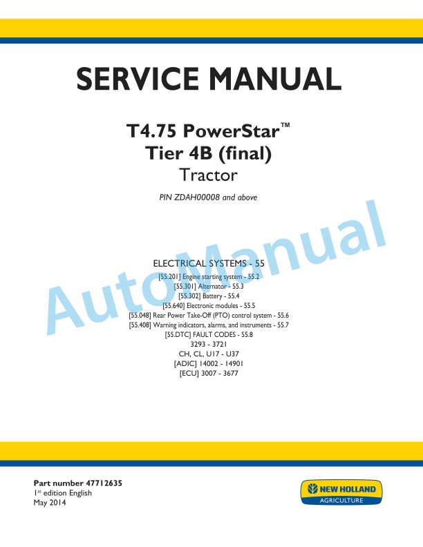 New Holland T4.75 PowerStar Tier 4B Final Tractor Service Manual 47712635