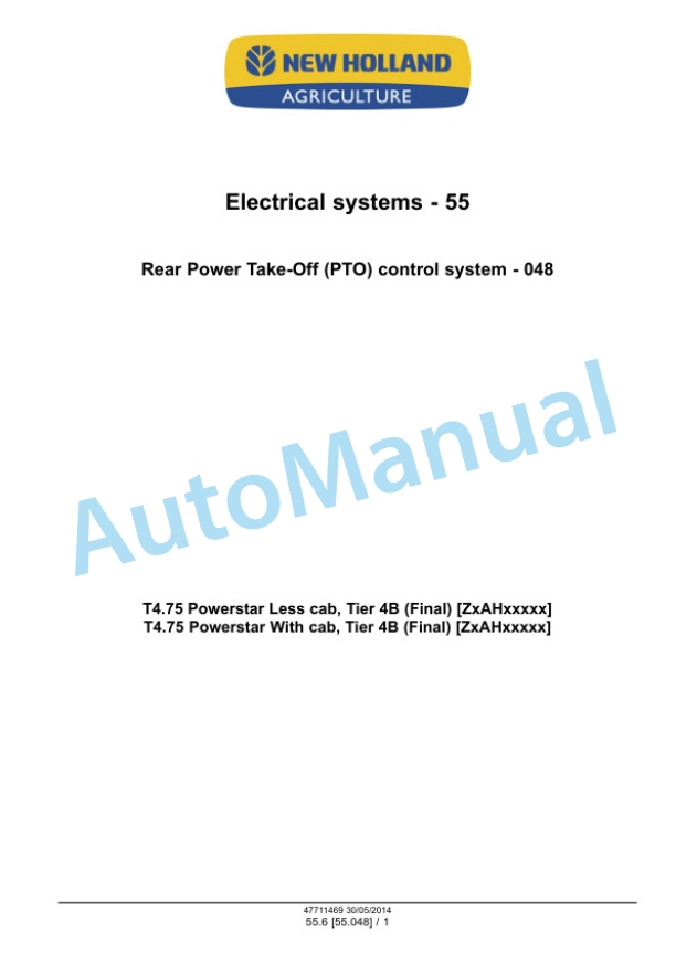 New Holland T4.75 PowerStar Tier 4B Final Tractor Service Manual 47712635-2