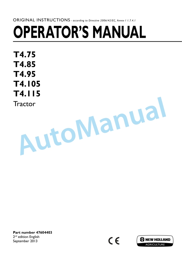 New Holland T4.75, T4.85, T4.95, T4.105, T4.115 Tractor Operation and Maintenance Manual 47604403