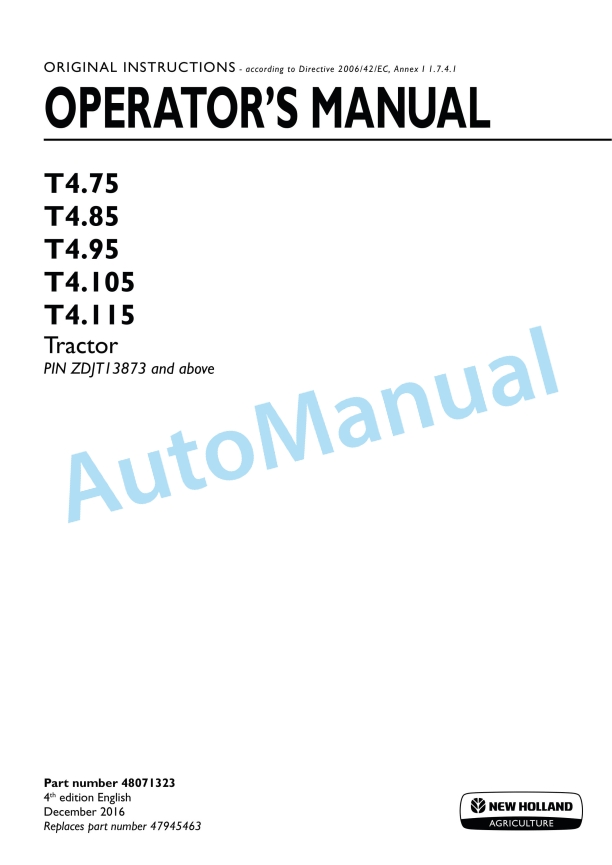 New Holland T4.75, T4.85, T4.95, T4.105, T4.115 Tractor Operation and Maintenance Manual 48071323