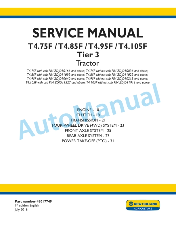 New Holland T4.75F, T4.85F, T4.95F, T4.105F Tier 3 Tractor Service Manual 48017749