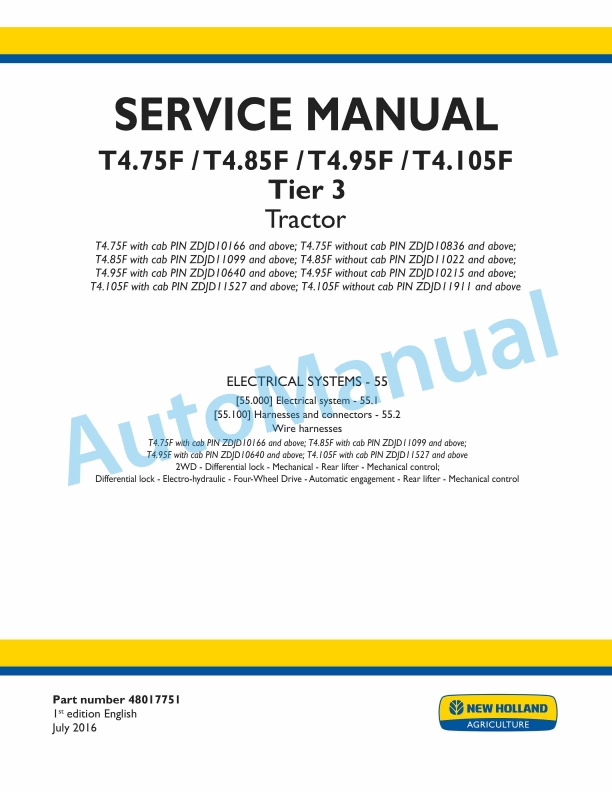 New Holland T4.75F, T4.85F, T4.95F, T4.105F Tier 3 Tractor Service Manual 48017751