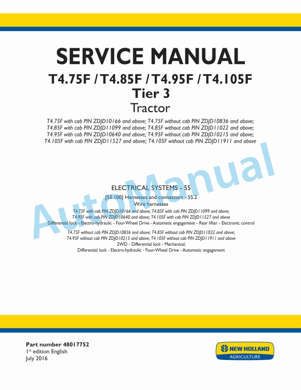 New Holland T4.75F, T4.85F, T4.95F, T4.105F Tier 3 Tractor Service Manual 48017752