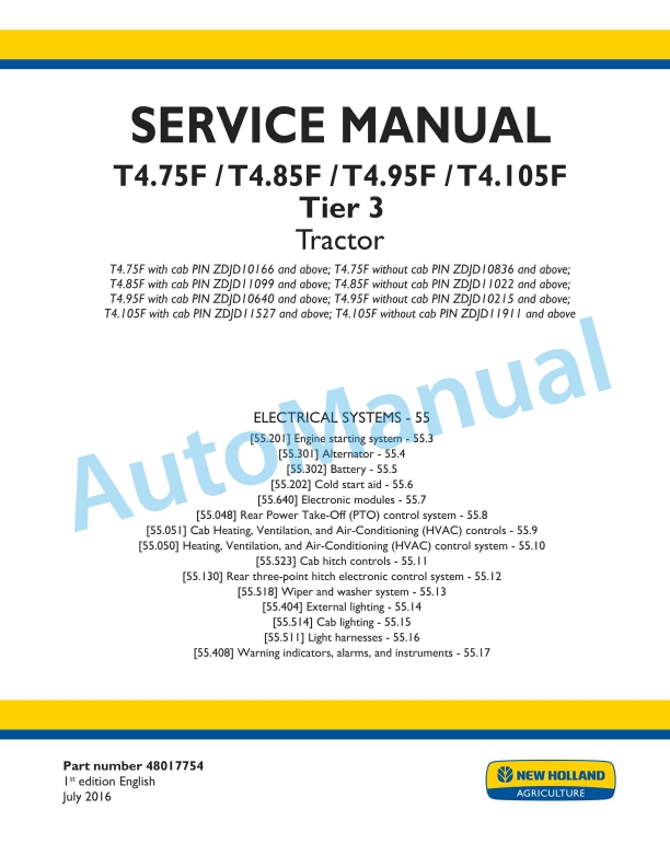 New Holland T4.75F, T4.85F, T4.95F, T4.105F Tier 3 Tractor Service Manual 48017754