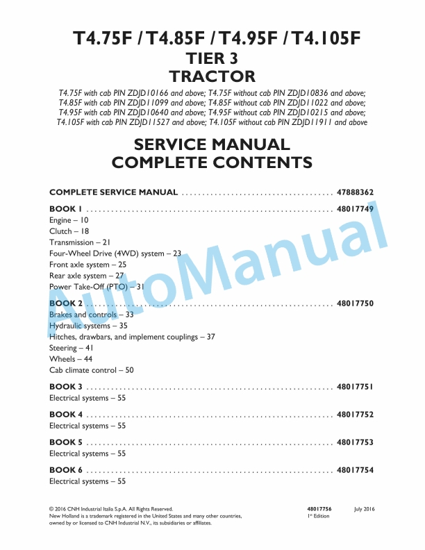 New Holland T4.75F, T4.85F, T4.95F, T4.105F Tier 3 Tractor Service Manual 48017756