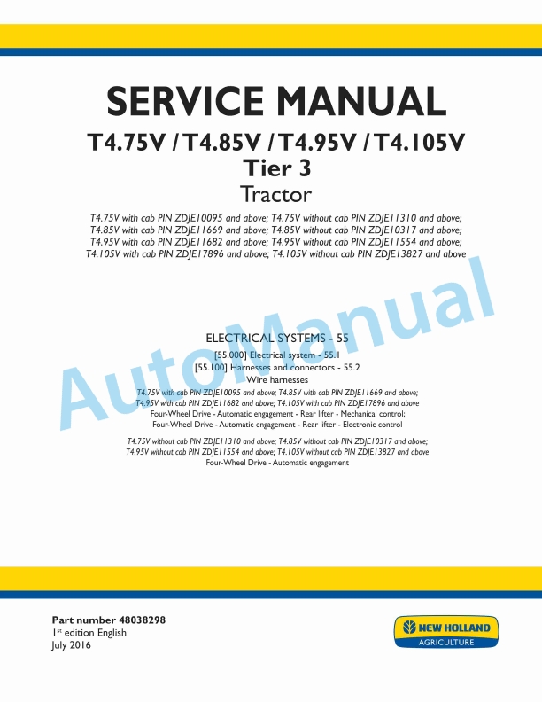New Holland T4.75V, T4.85V, T4.95V, T4.105V Tier 3 Tractor Service Manual 48038298
