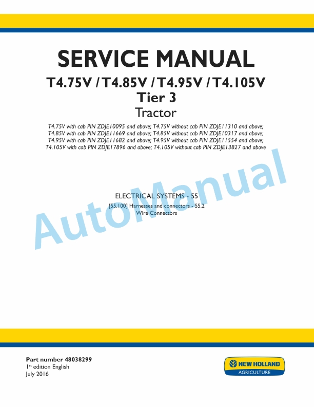 New Holland T4.75V, T4.85V, T4.95V, T4.105V Tier 3 Tractor Service Manual 48038299
