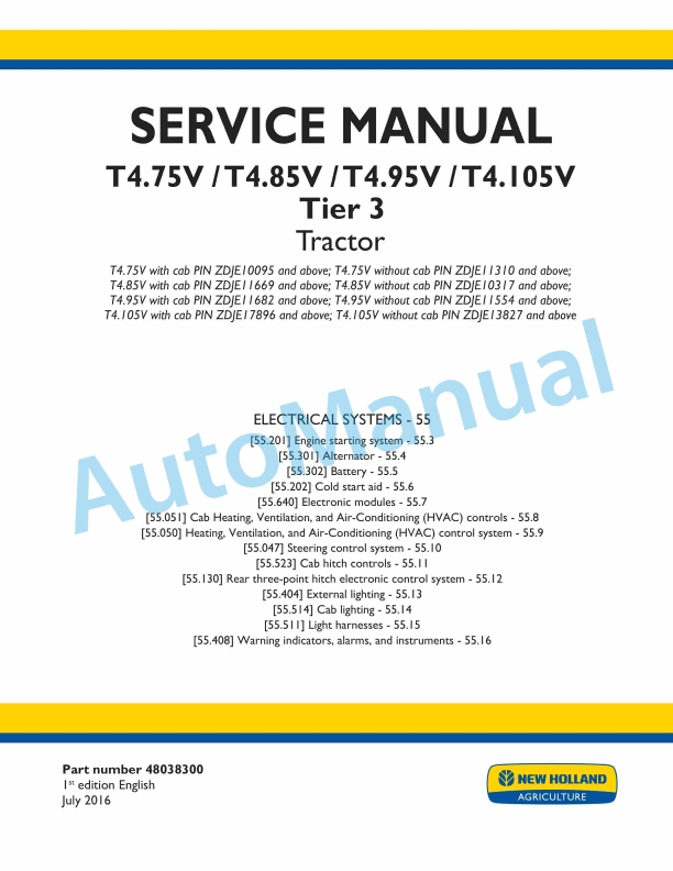 New Holland T4.75V, T4.85V, T4.95V, T4.105V Tier 3 Tractor Service Manual 48038300