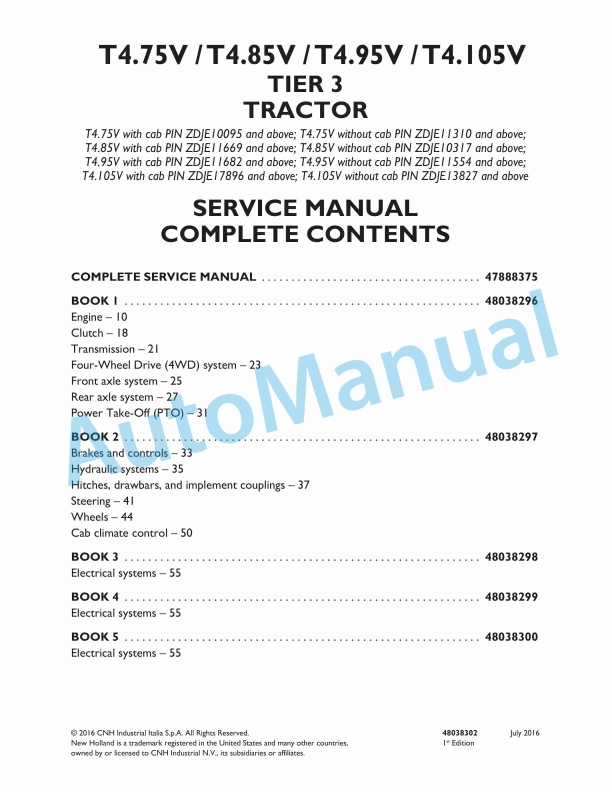 New Holland T4.75V, T4.85V, T4.95V, T4.105V Tier 3 Tractor Service Manual 48038302