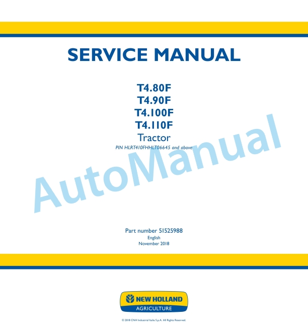 New Holland T4.80F, T4.90F, T4.100F, T4.110F Tractor Service Manual 51525988