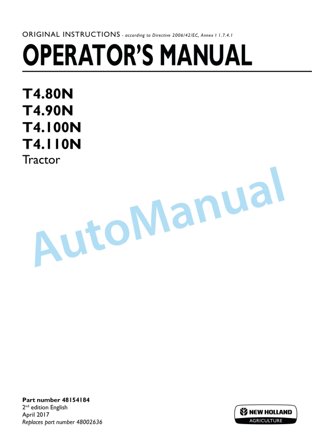 New Holland T4.80N, T4.90N, T4.100N, T4.110N Tractor Operation and Maintenance Manual 48154184