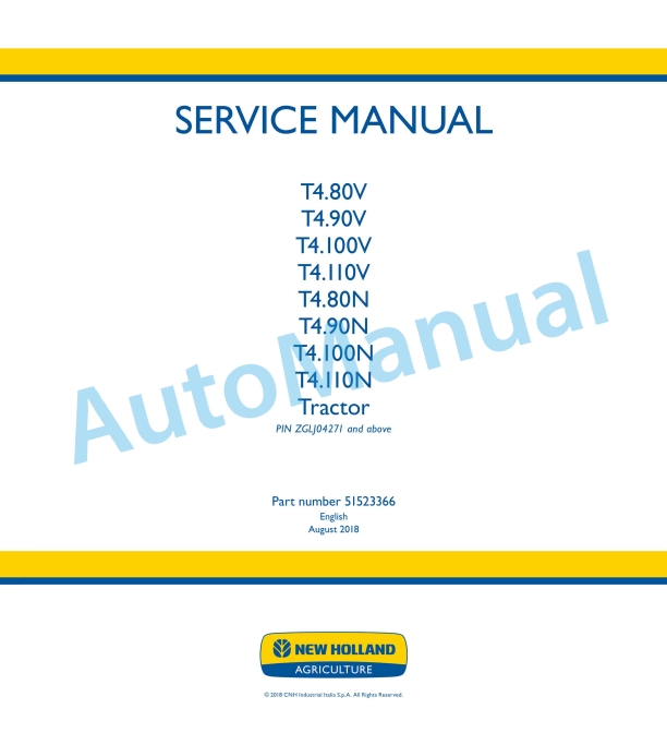 New Holland T4.80V, T4.90V, T4.100V, T4.110V, T4.80N, T4.90N, T4.100N, T4.110N Tractor Service Manual 51523366