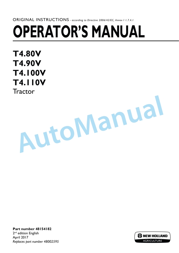 New Holland T4.80V, T4.90V, T4.100V, T4.110V Tractor Operation and Maintenance Manual 48154182