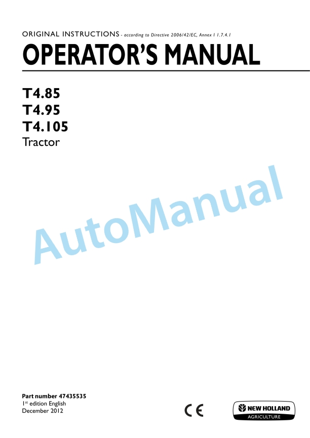New Holland T4.85, T4.95, T4.105 Tractor Operation and Maintenance Manual 47435535