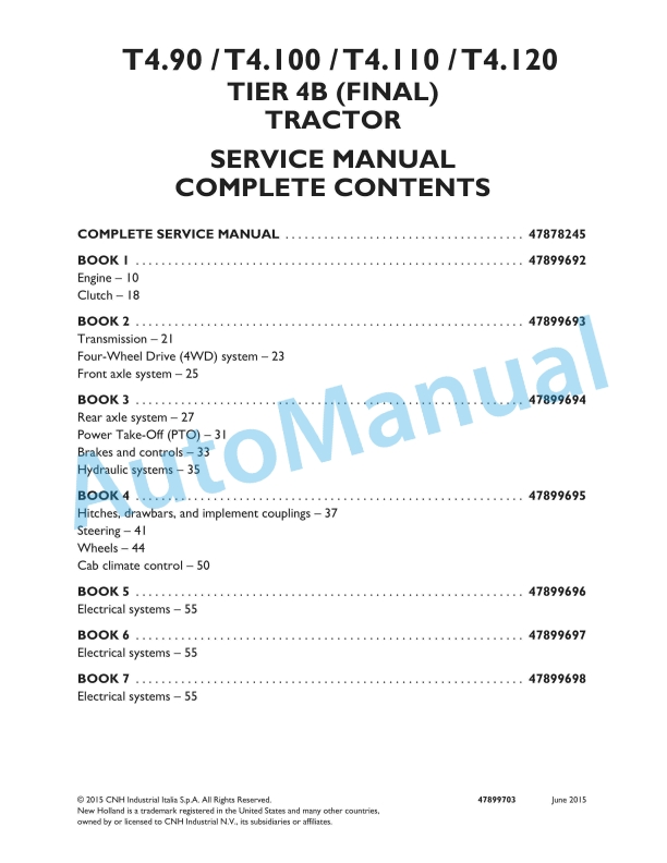 New Holland T4.90, T4.100, T4.110, T4.120 Tier 4B Final Tractor Service Manual 47899703