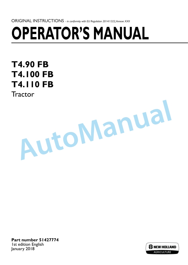 New Holland T4.90FB, T4.100FB, T4.110FB Tractor Operation and Maintenance Manual 51427774