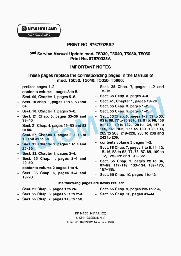New Holland T5030, T5040, T5050, T5060, T5070 Tractor Service Manual 87679925A2
