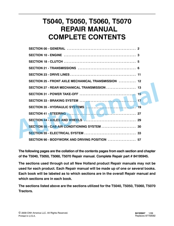 New Holland T5040, T5050, T5060, T5070 Tractor Repair Manual 84195947