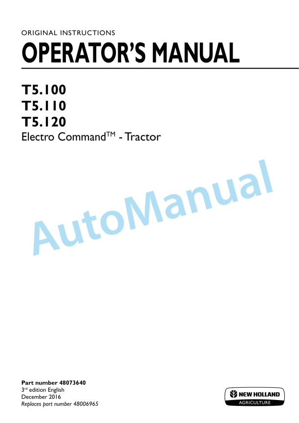 New Holland T5.100, T5.110, T5.120 Electro Command Tractor Operation and Maintenance Manual 48073640