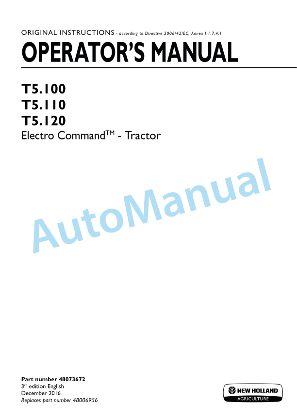 New Holland T5.100, T5.110, T5.120 Electro Command Tractor Operation and Maintenance Manual 48073672