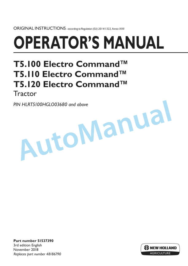 New Holland T5.100, T5.110, T5.120 Electro Command Tractor Operation and Maintenance Manual 51537390