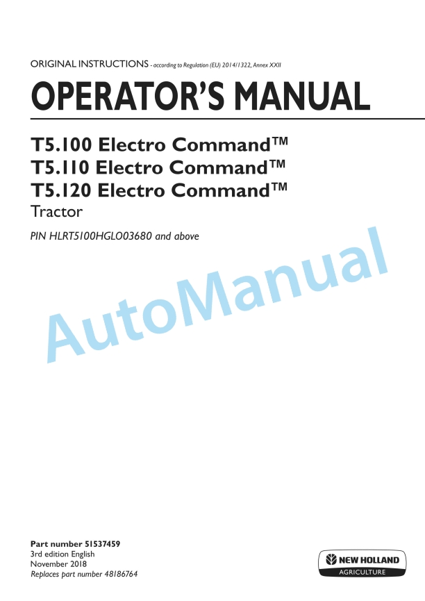 New Holland T5.100, T5.110, T5.120 Electro Command Tractor Operation and Maintenance Manual 51537459