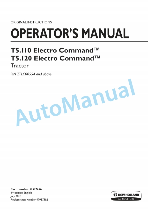 New Holland T5.110, T5.120 Electro Command Tractor Operation and Maintenance Manual 51517456