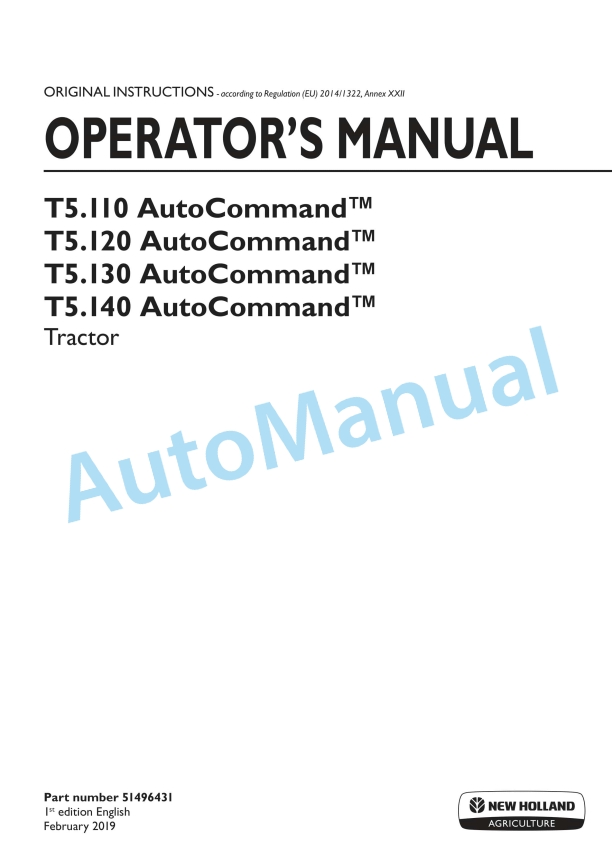 New Holland T5.110, T5.120, T5.130, T5.140 Auto Command Tractor Operation and Maintenance Manual 51496431