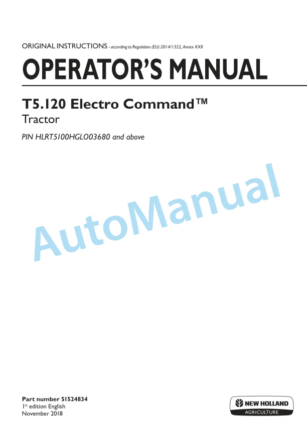 New Holland T5.120 Electro Command Tractor Operation and Maintenance Manual 51524834